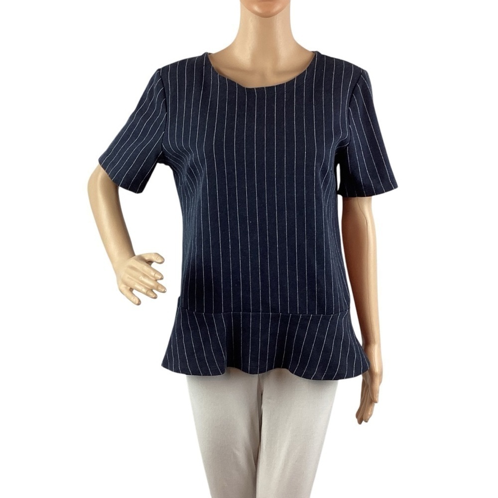 Banana Republic Pinstripe Peplum Top Size M Navy Blue Short Sleeve
